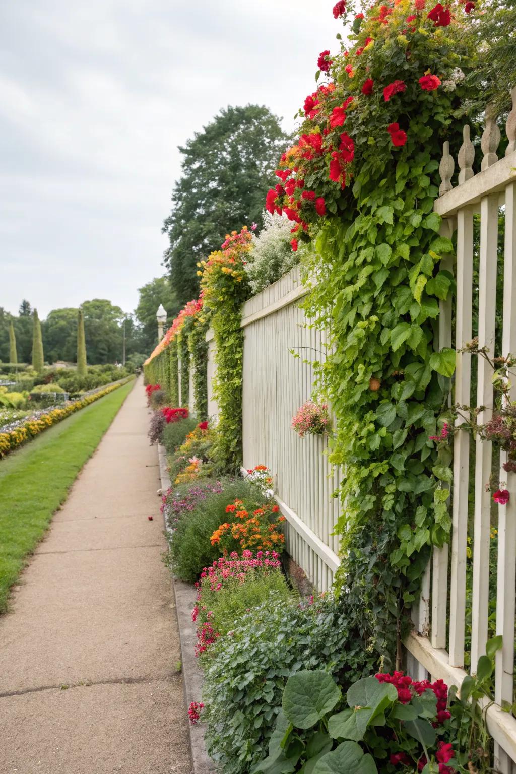 A vibrant vertical garden transforming a simple fence into a lush green wall.