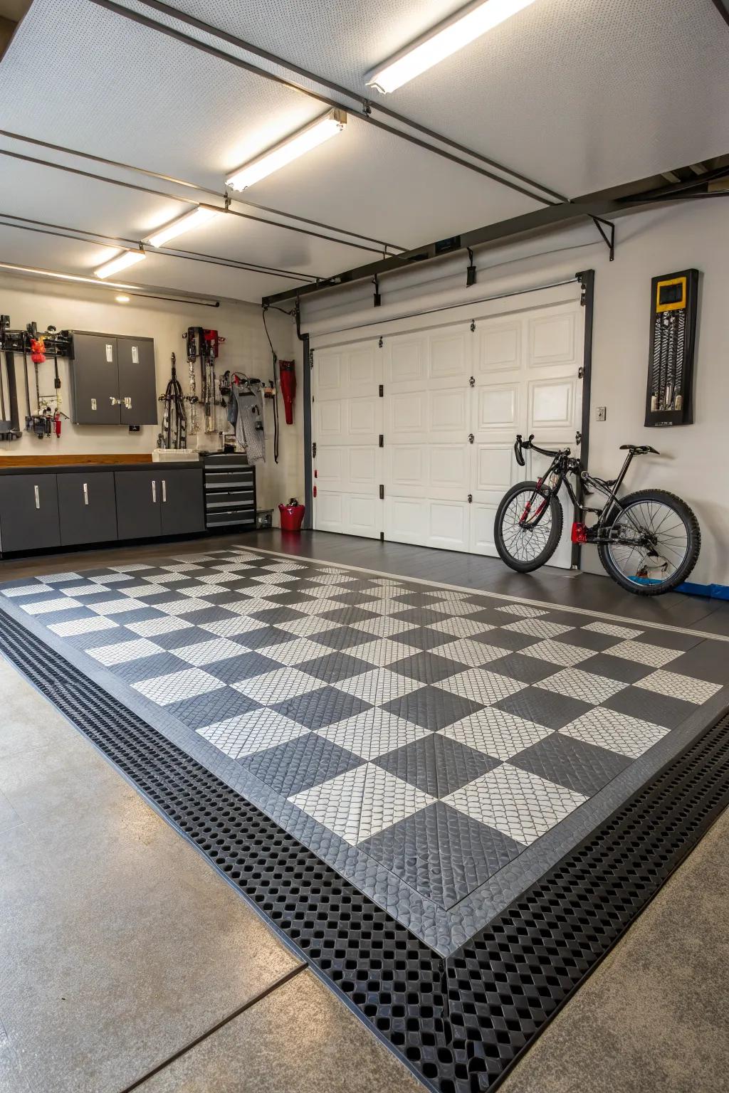 A garage featuring a creative and eye-catching floor design.