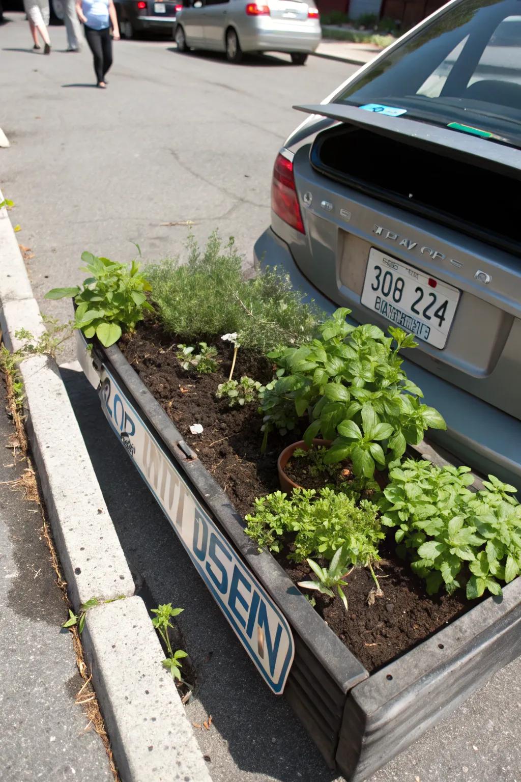 License plates repurposed into mini herb planters.