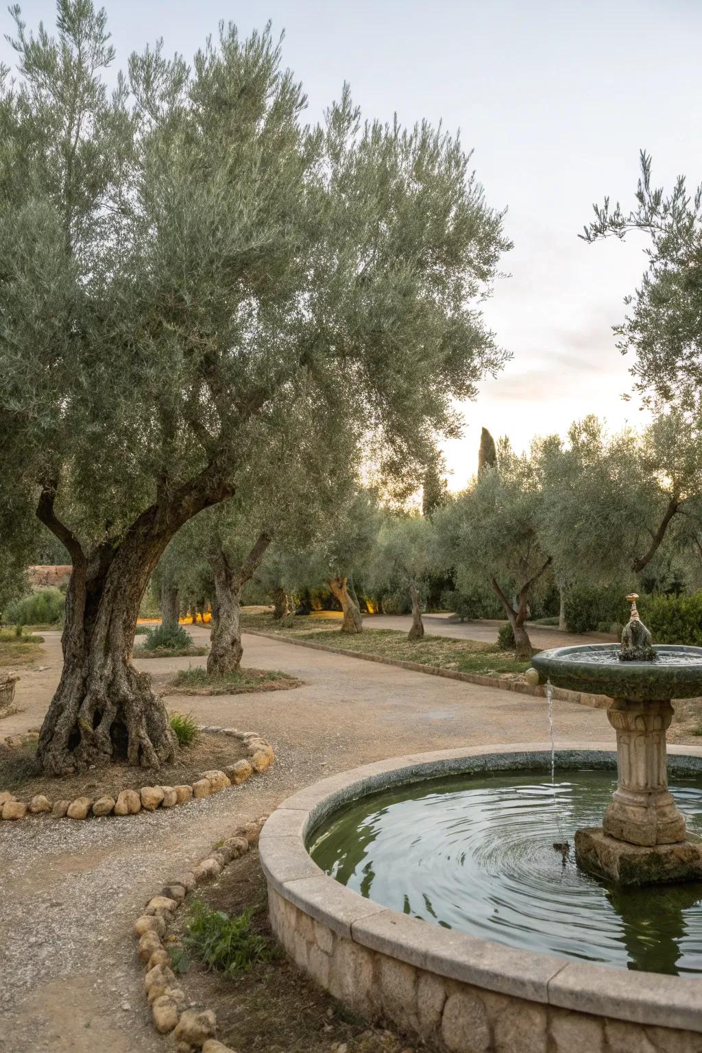 Olive trees complemented by a nearby water feature.