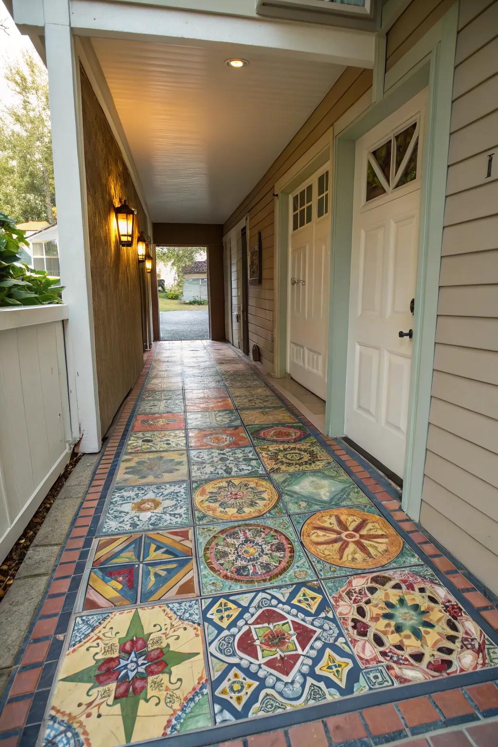 Mosaic tiles bring vibrant color and fun to breezeways.