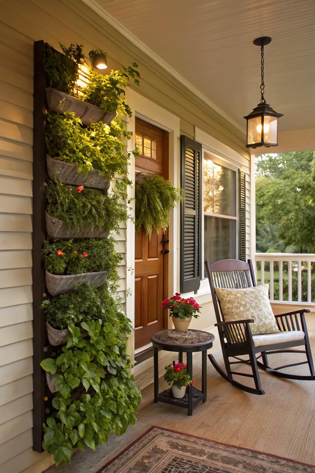 A vertical garden maximizes greenery on the porch.