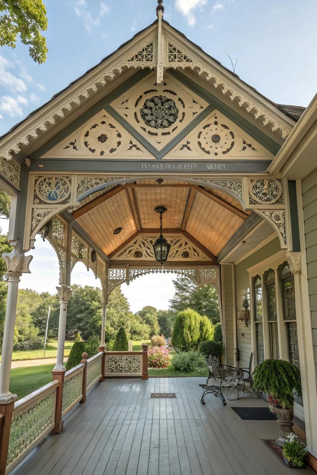 An artistic ceiling design adds a unique touch.