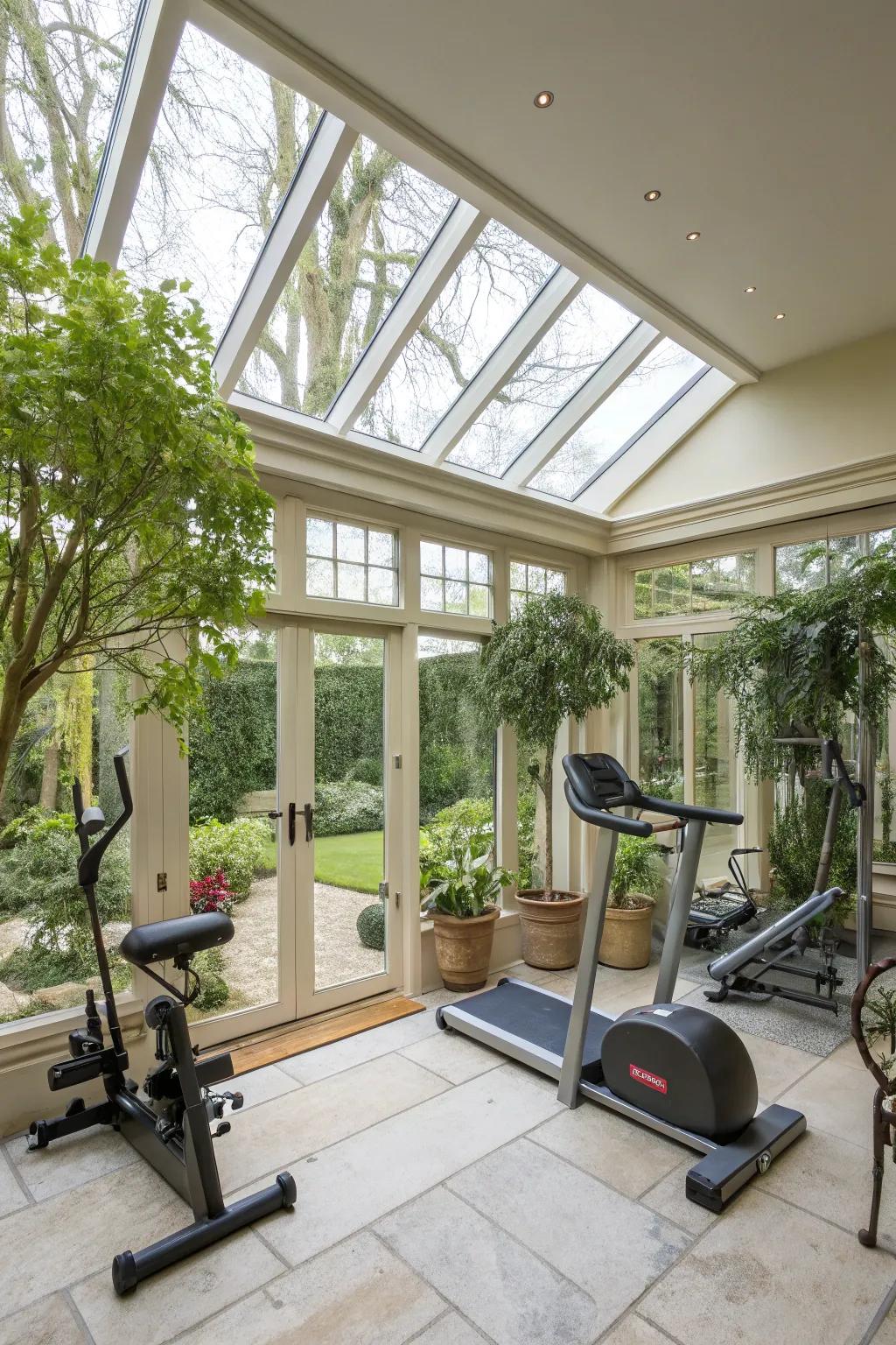 A refreshing workout space in an orangery.
