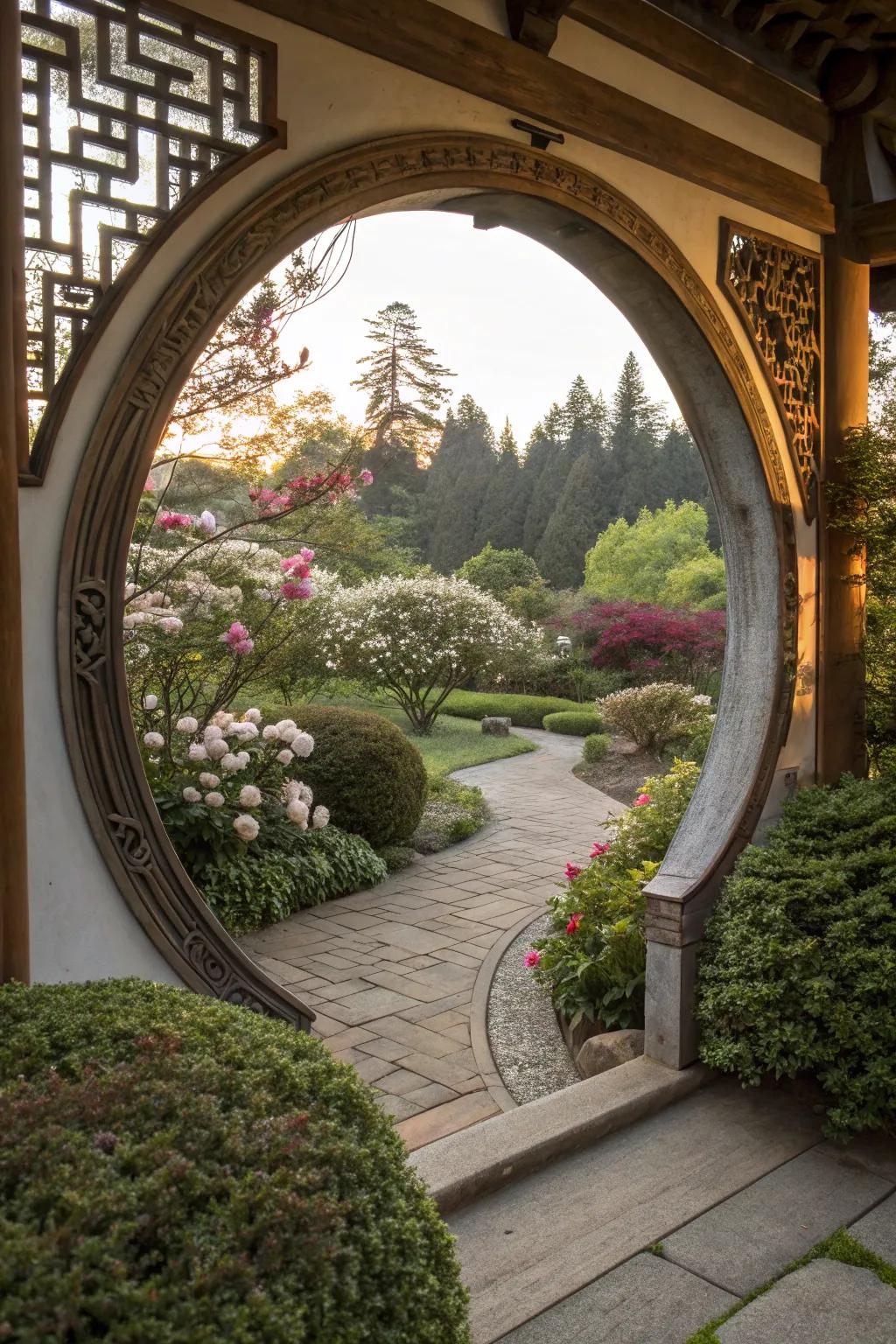 A moon gate providing a mystical entrance to the garden.