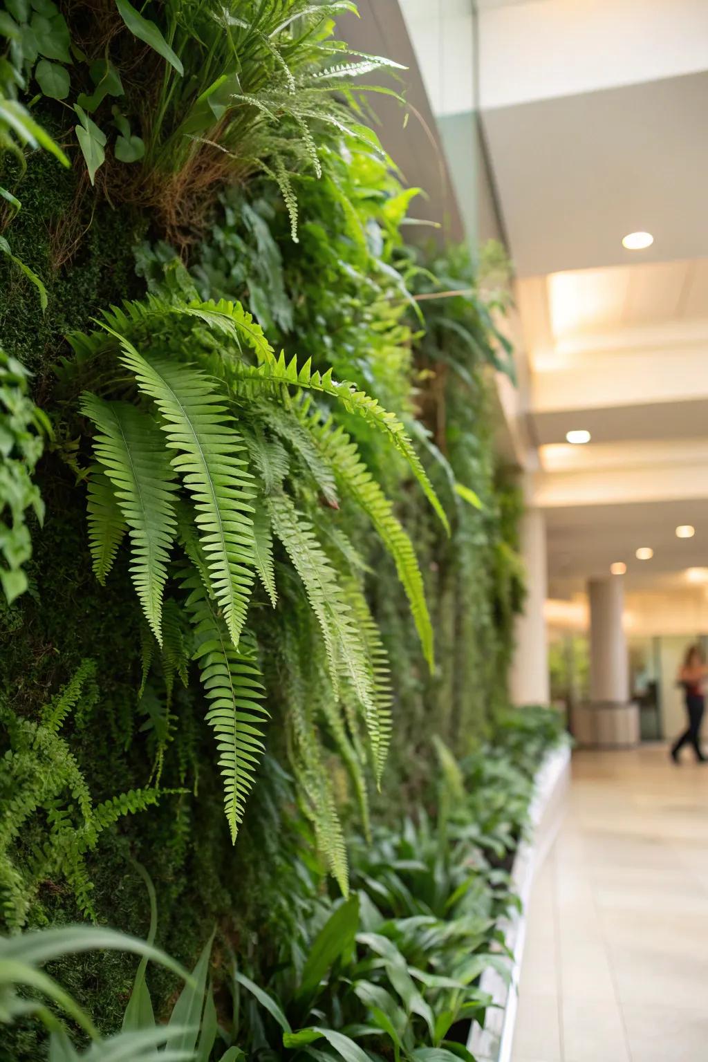 A striking living wall featuring lush ostrich ferns.