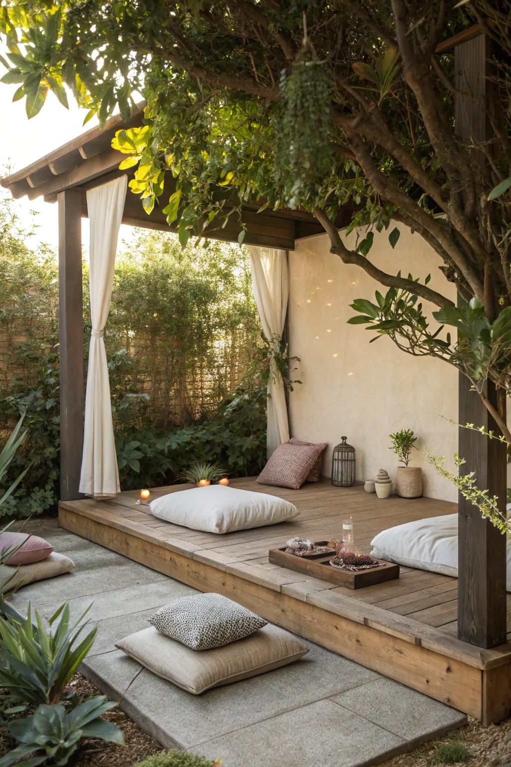 A meditation corner offers a peaceful retreat in your own backyard.