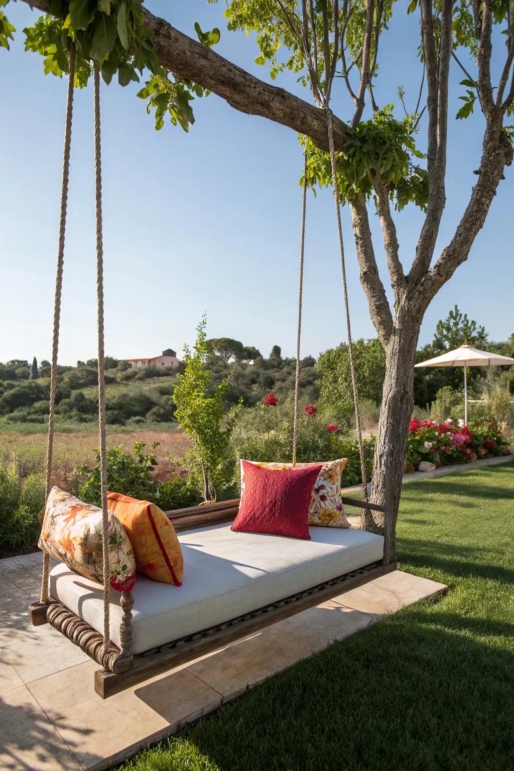 A swinging daybed invites relaxation and comfort.