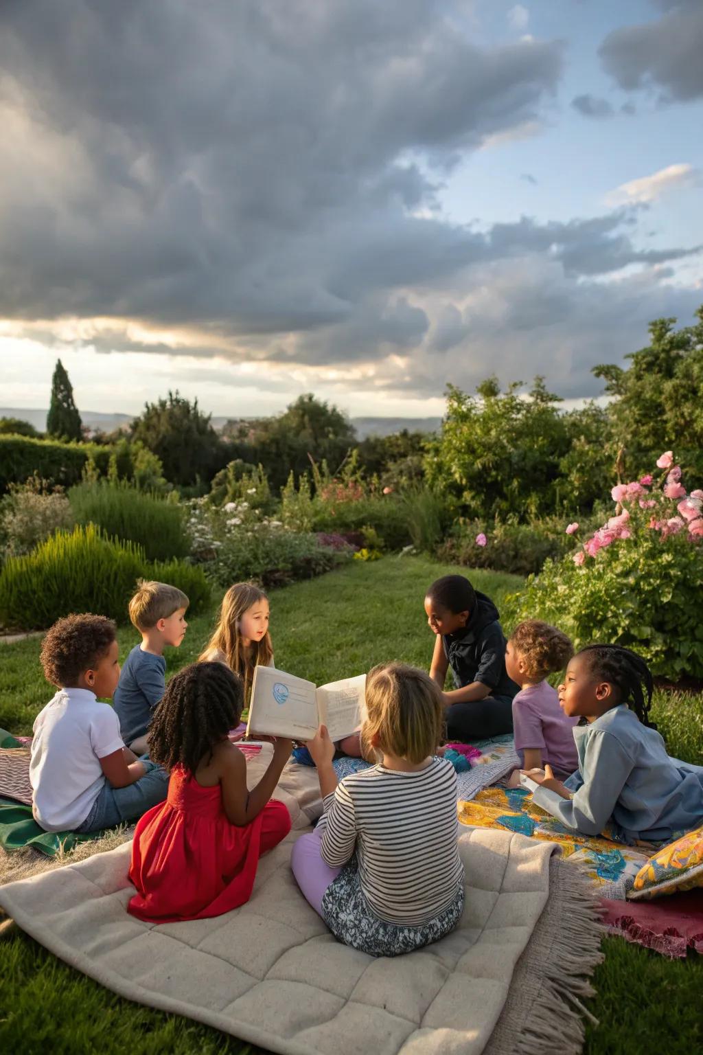 A storytime circle offers a calm and enchanting break in the festivities.