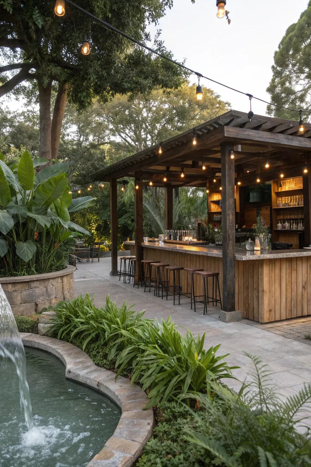 A water feature adds tranquility to your outdoor bar.