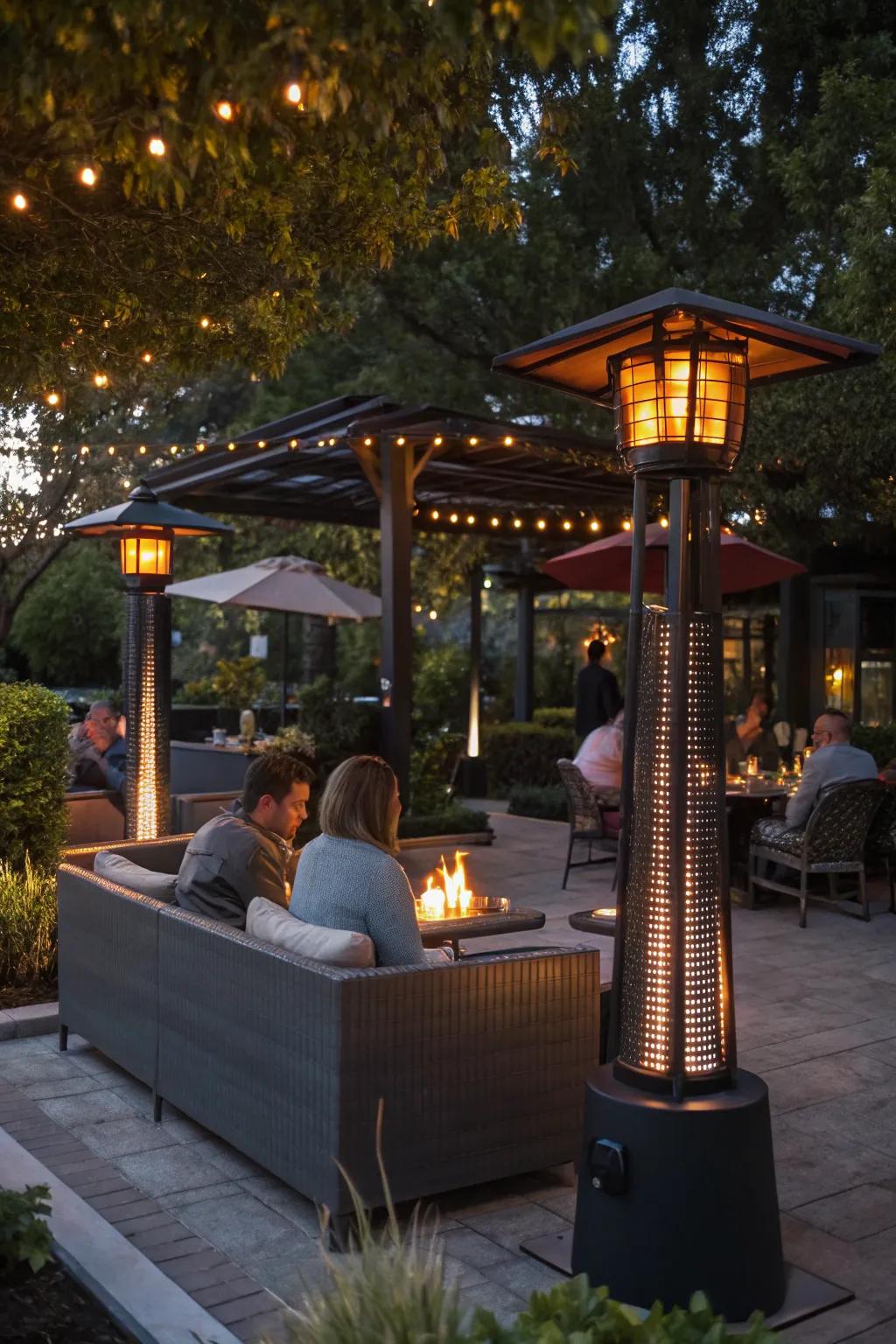 Heated furniture keeps the outdoor bar cozy in any season.