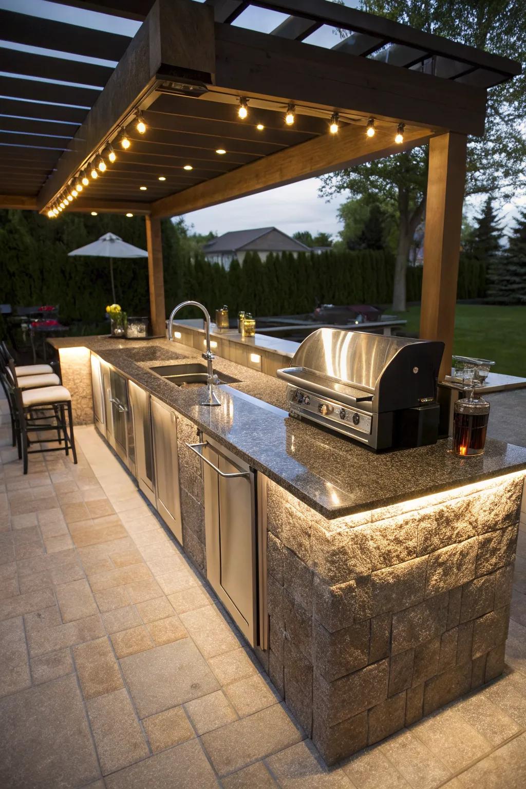 Integrated appliances add functionality and convenience to outdoor bars.