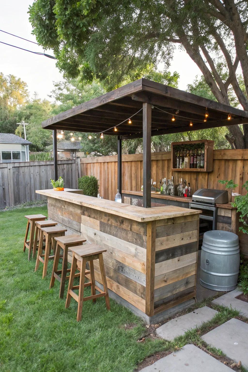 Reclaimed wood panels bring character and sustainability to your outdoor bar cover.