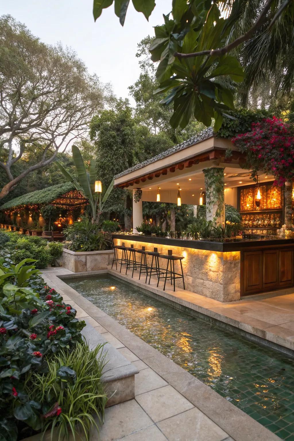 A water feature adds a calming effect to the bar area.