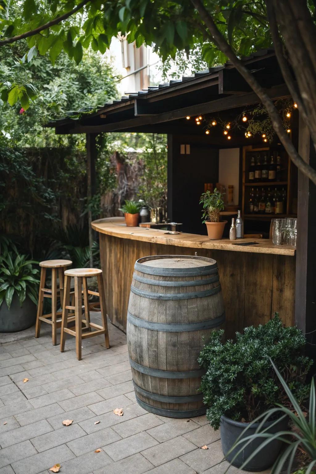 A wine barrel bar adds vintage charm to any outdoor setting.