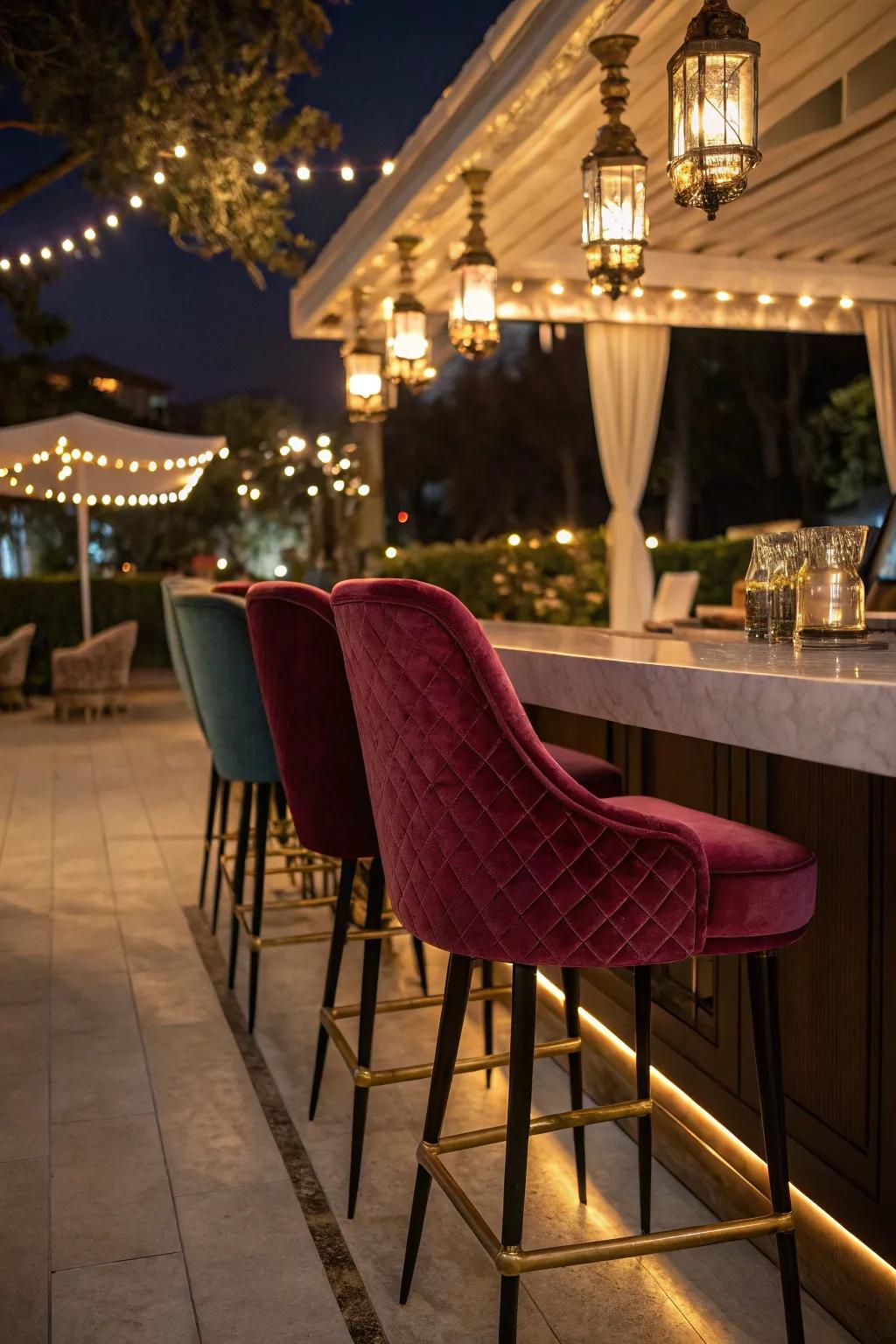Create a luxe atmosphere with plush velvet bar stools.