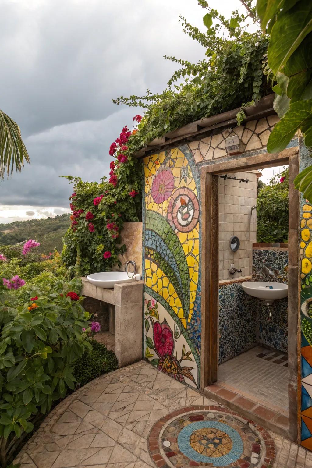 Artistic flair with mosaic tiles adds personality.