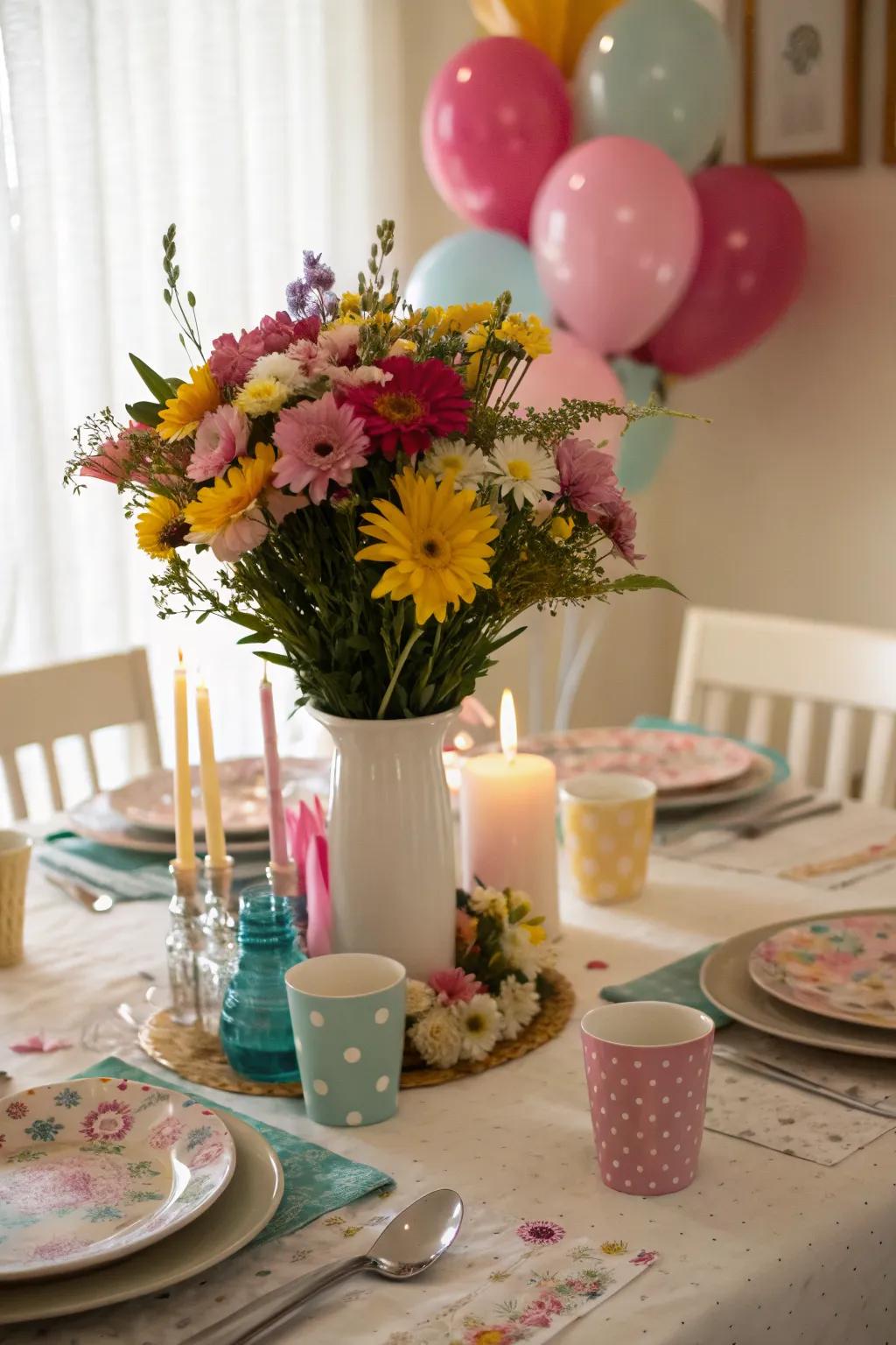 A DIY centerpiece adding a personal touch to the table decor.