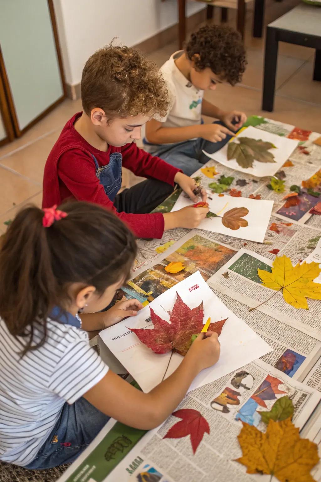 Kids creatively engaged in nature-themed crafts with leaves and paints.
