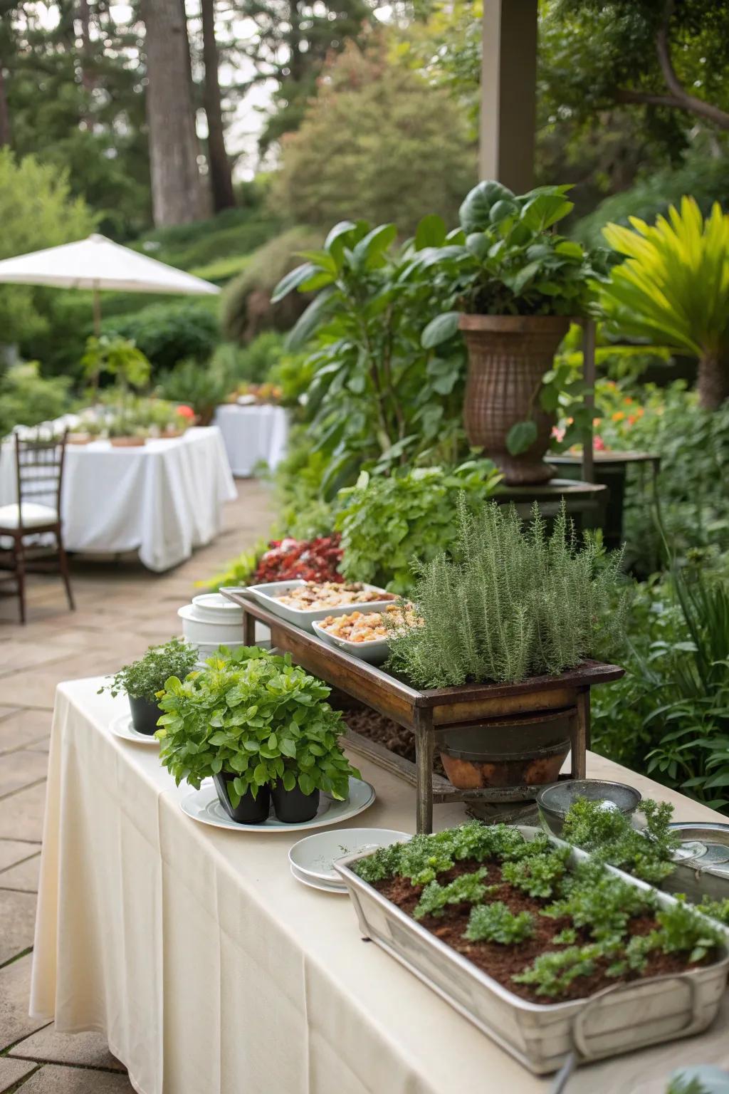 A fragrant and functional setup with herb centerpieces.