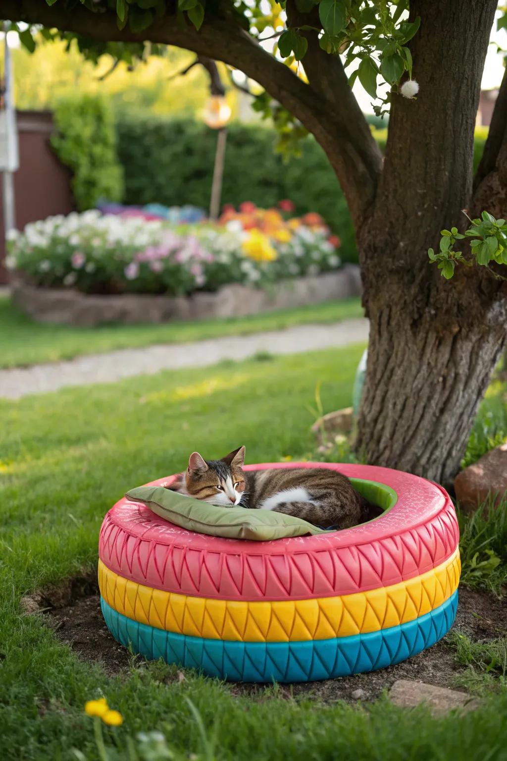 Upcycled tires create unique, sustainable cat beds.