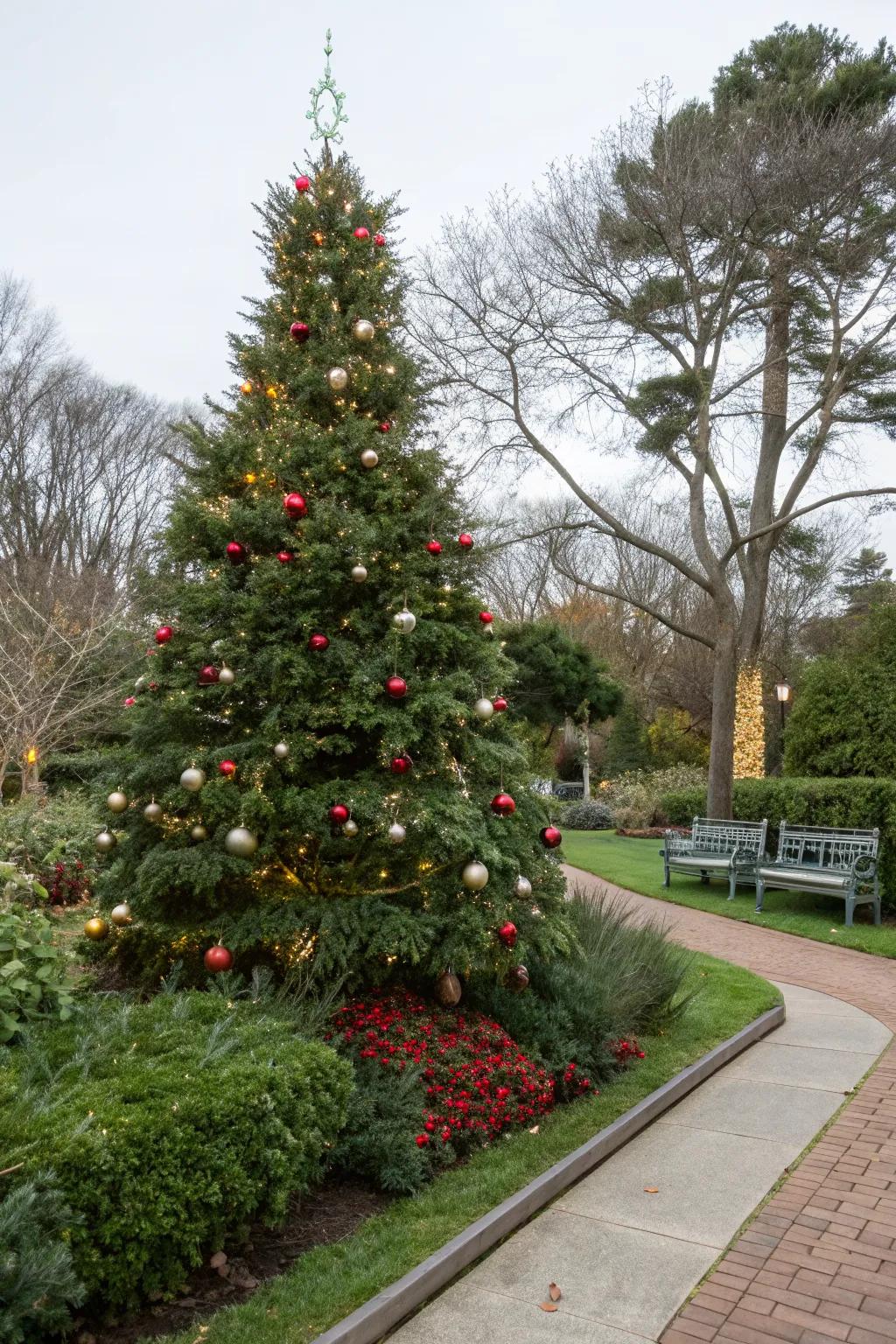 An outdoor Christmas tree spreads joy to the neighborhood.