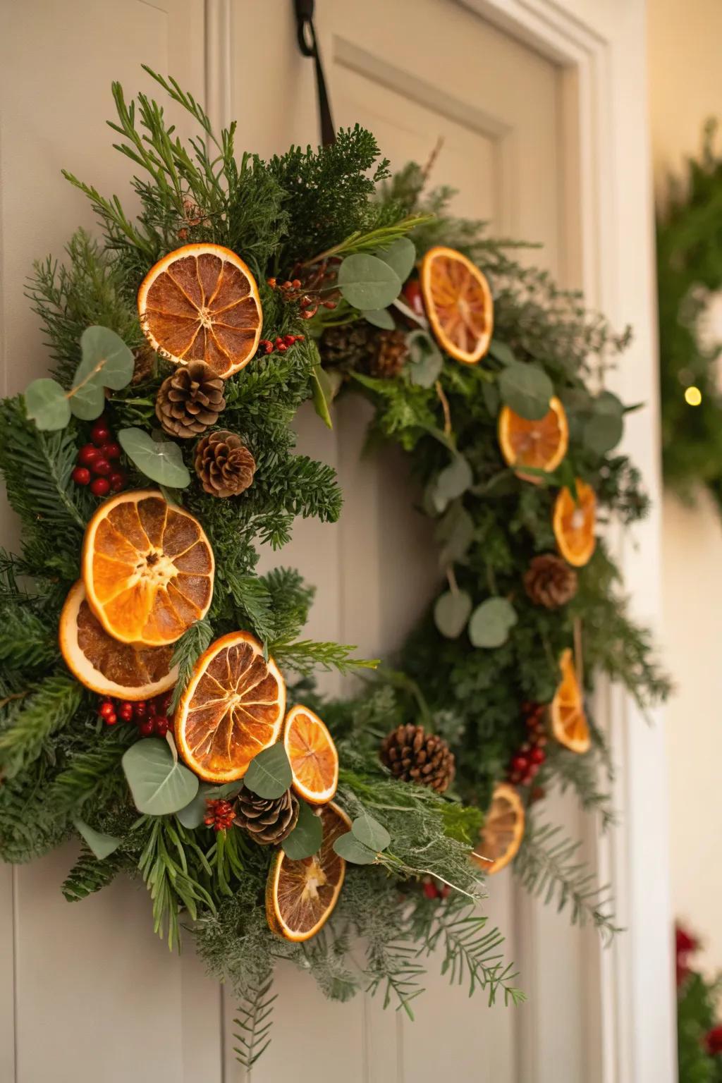 A vibrant wreath with a citrus twist.