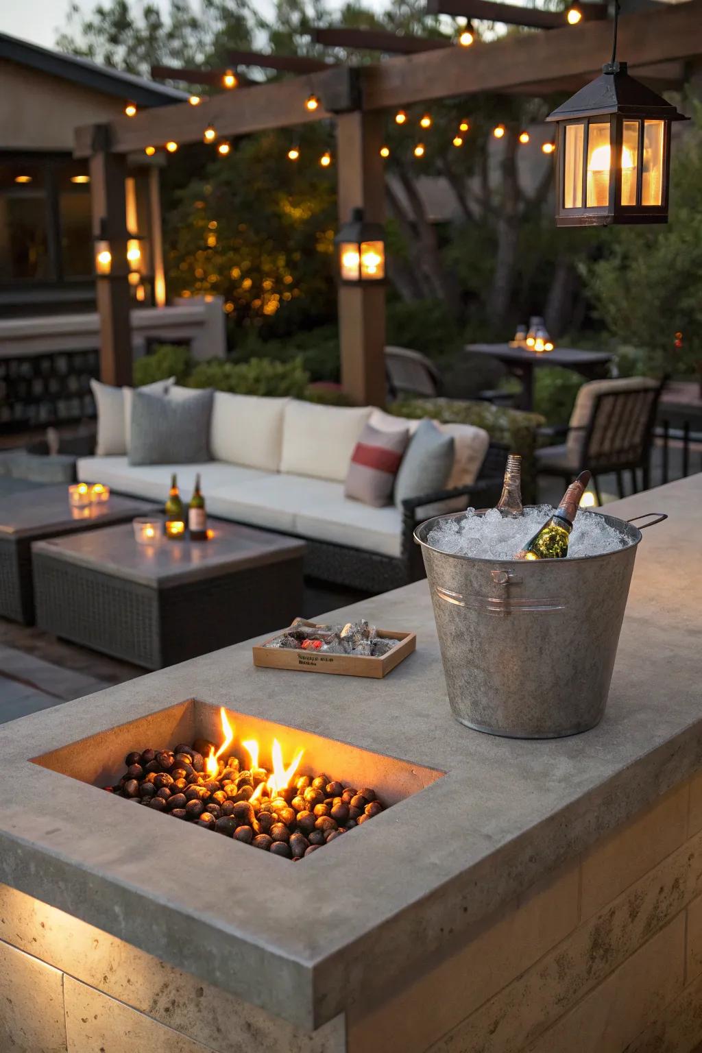 A fire pit and ice bucket complete this all-season bar.