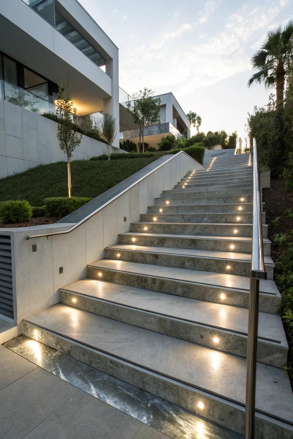 Concrete stairs with a sleek metallic finish.