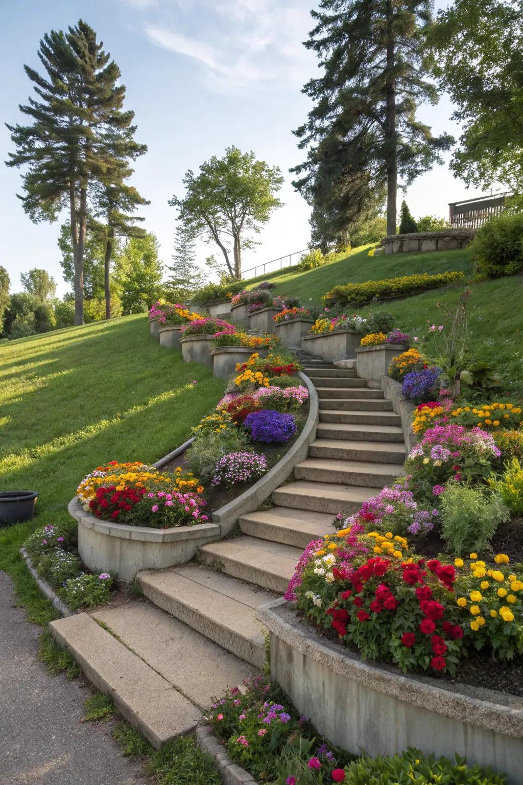 Built-in planters turn stairs into vibrant mini-gardens.