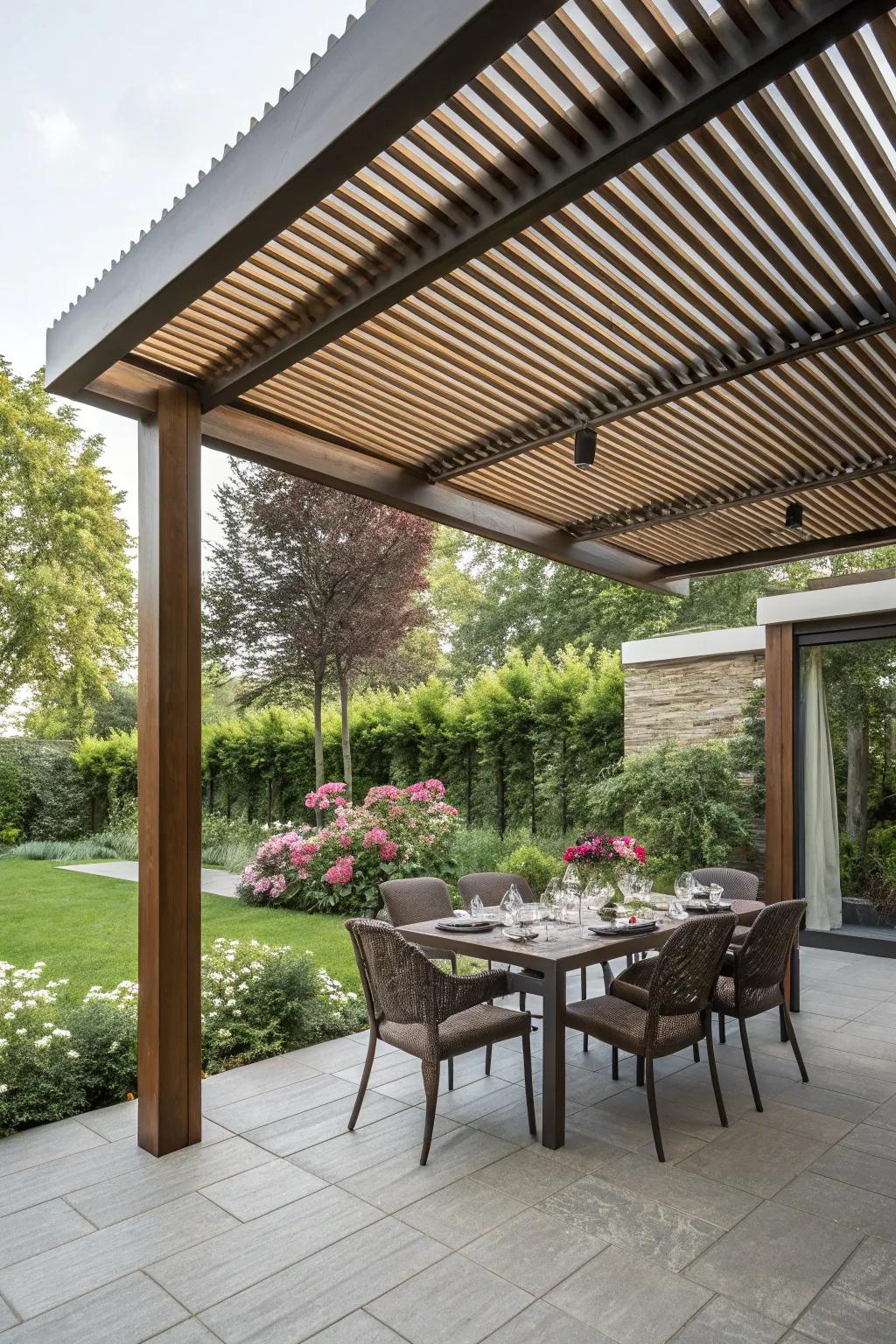 A louvered roof offers adaptable shade for any weather.
