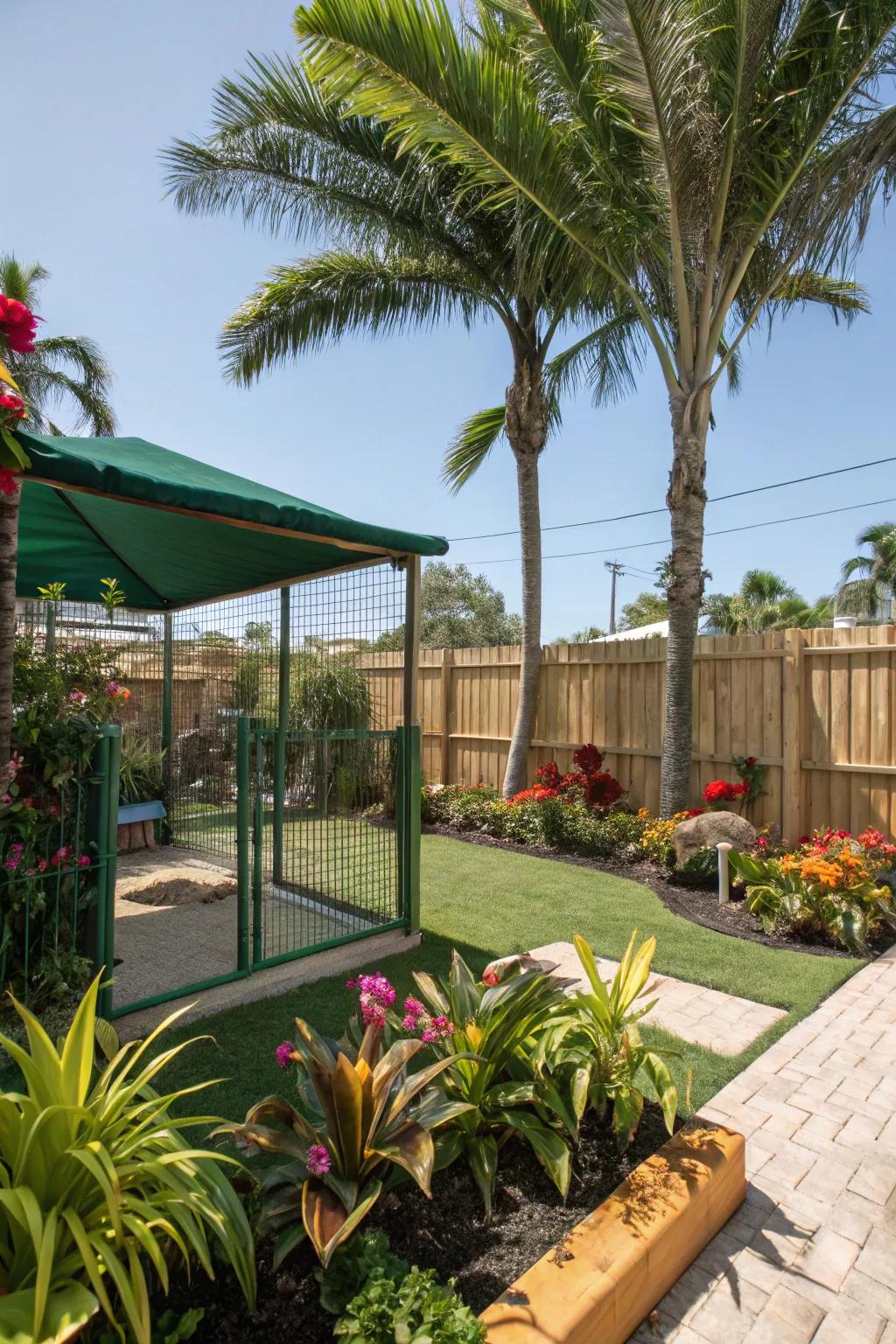 A tropical oasis dog pen with lush greenery and shade.