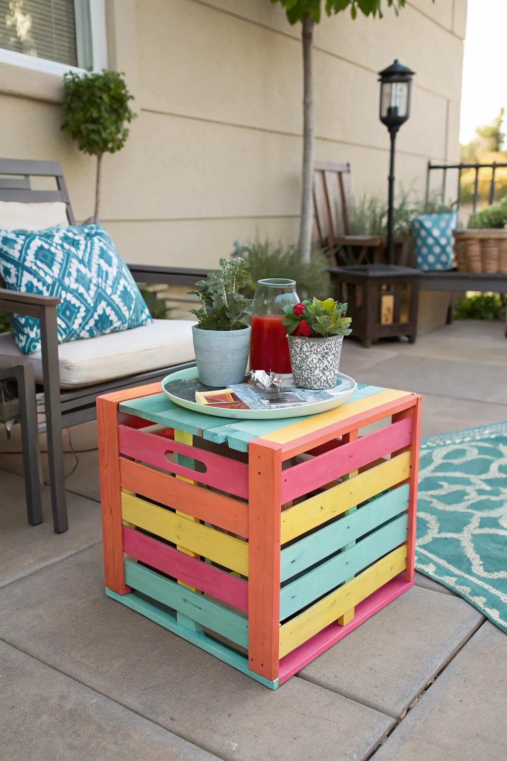 A colorful crate table brings vibrancy and practical storage to your patio.