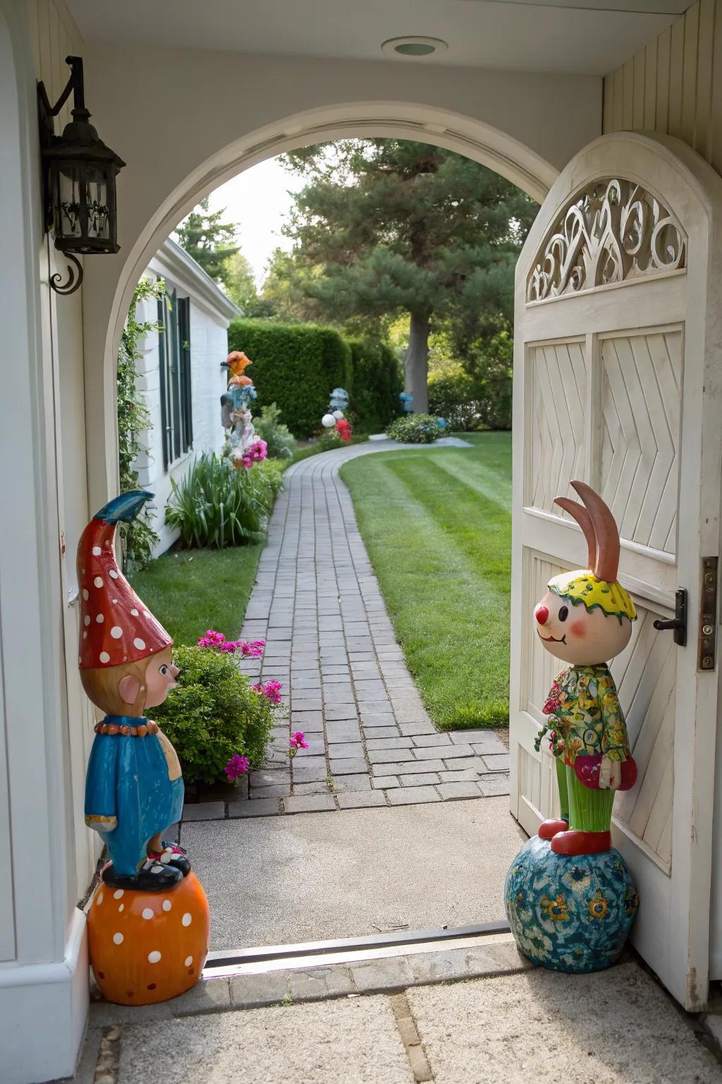 Whimsical sculptures add personality to the entryway.