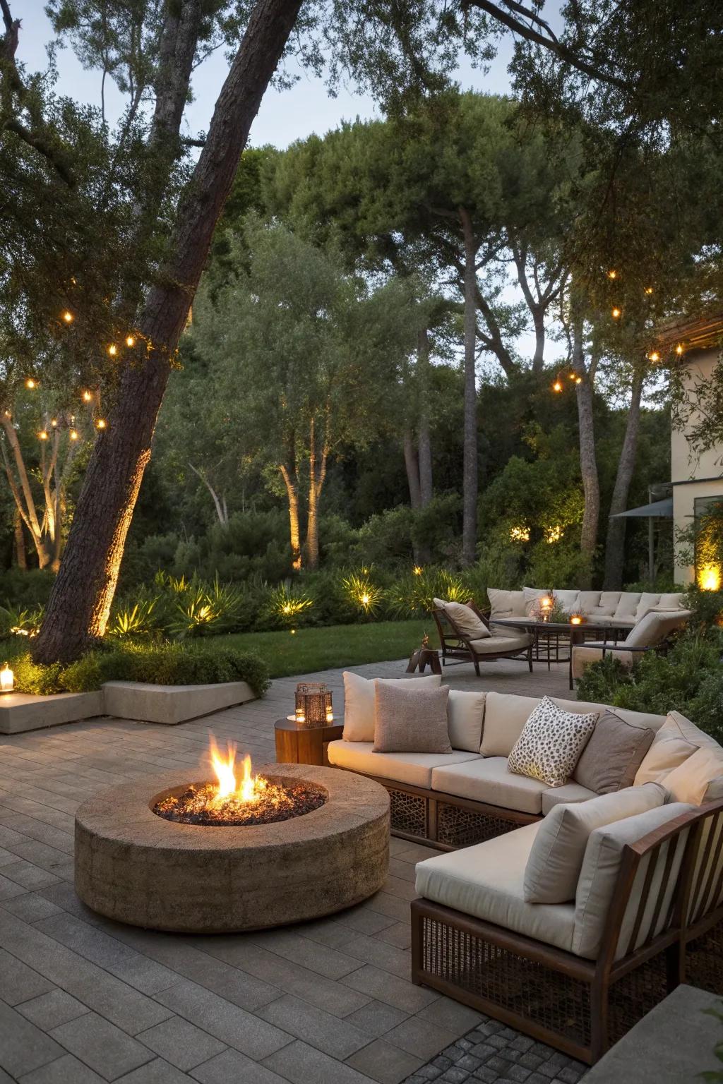 A fire pit lounge offers an inviting and comfortable outdoor retreat.