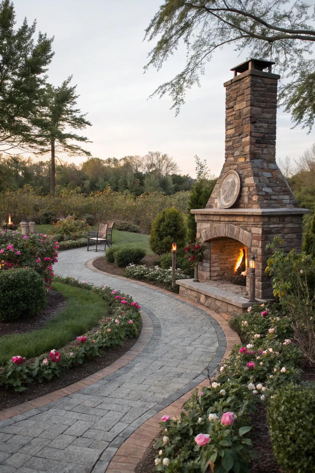 A charming outdoor fireplace accessible via winding garden pathways.