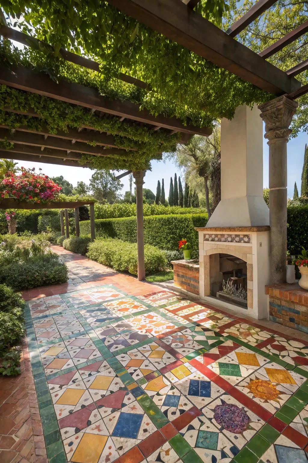 Mosaic tiles bring color and artistry to your pergola.