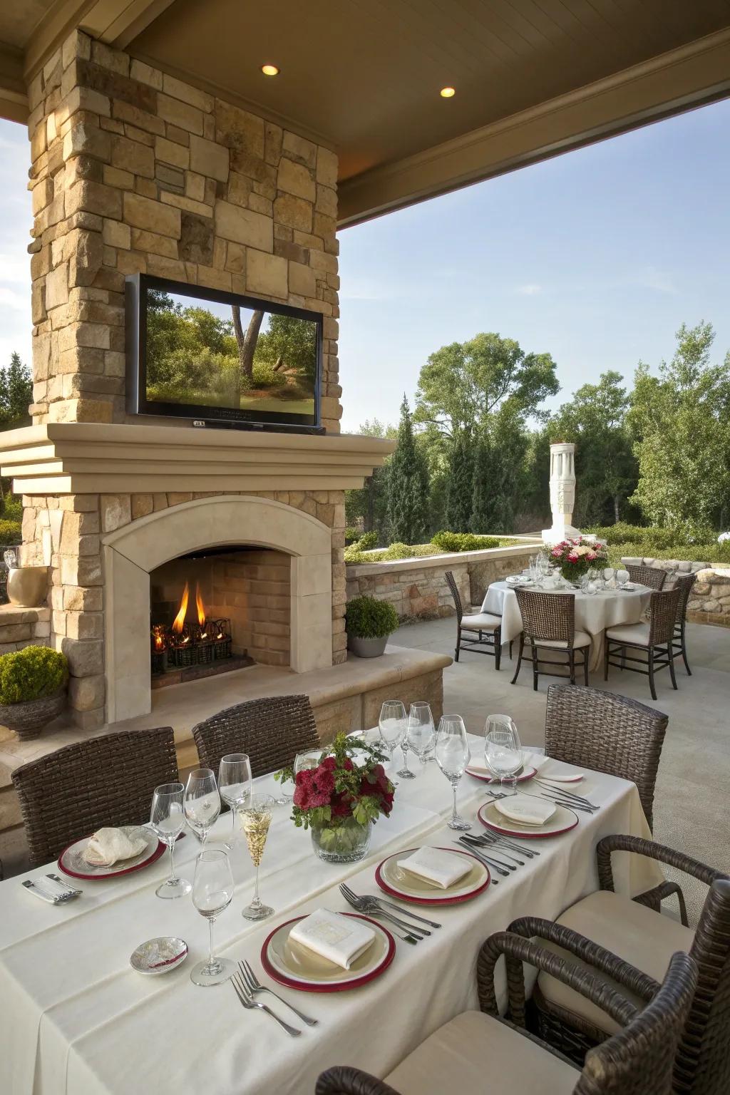 Dine al fresco with a beautiful fireplace and TV setup.