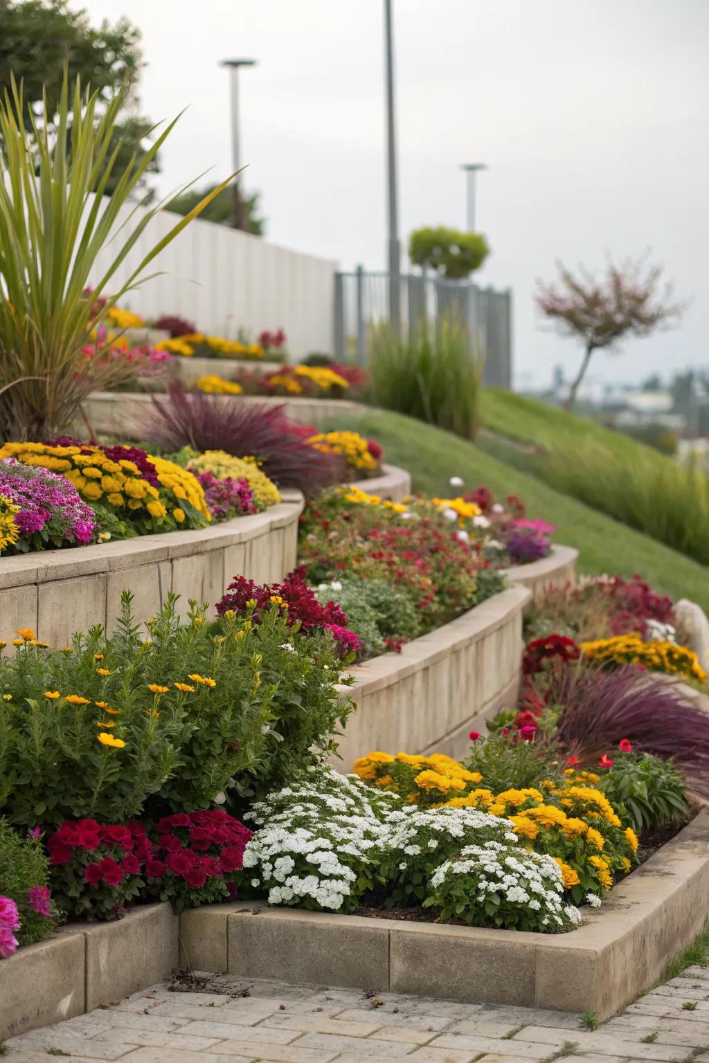Layered heights in a flower bed creating depth and fullness.