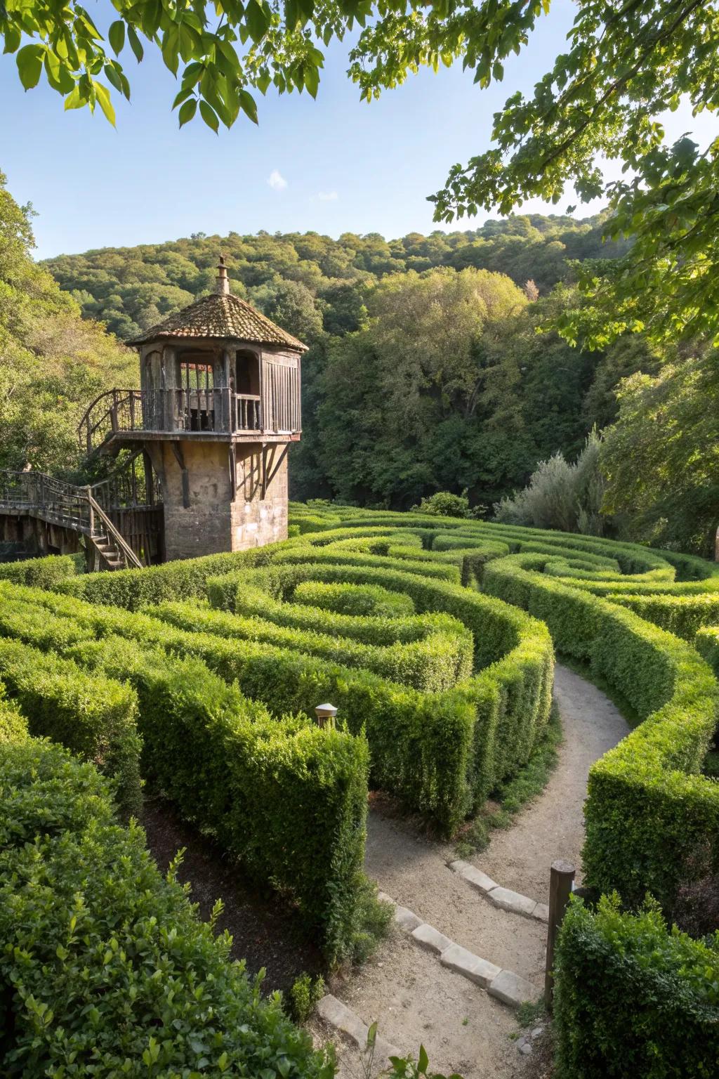 A playful garden maze fort, perfect for adventurous kids.