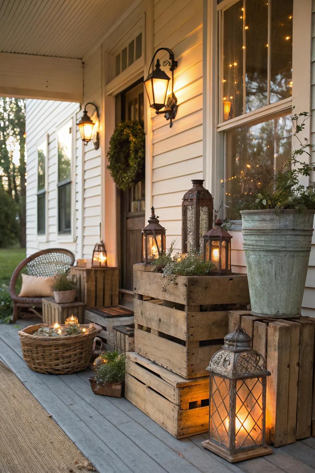 Rustic elements like wooden crates add a cozy touch to this porch.