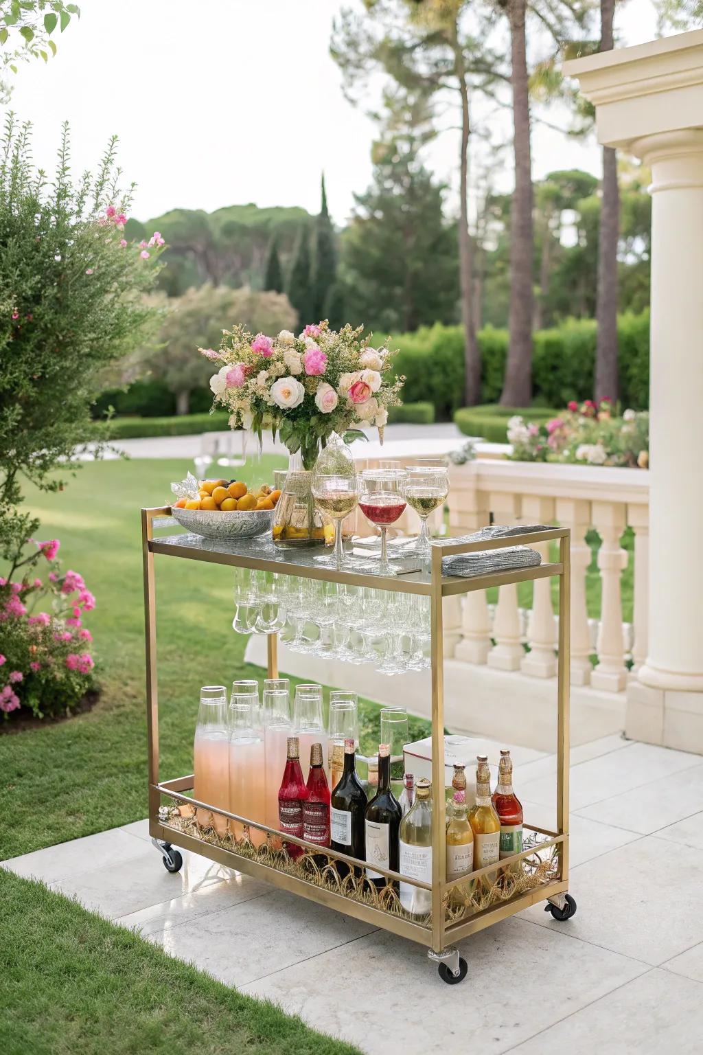 A stylish bar cart ready for outdoor entertaining