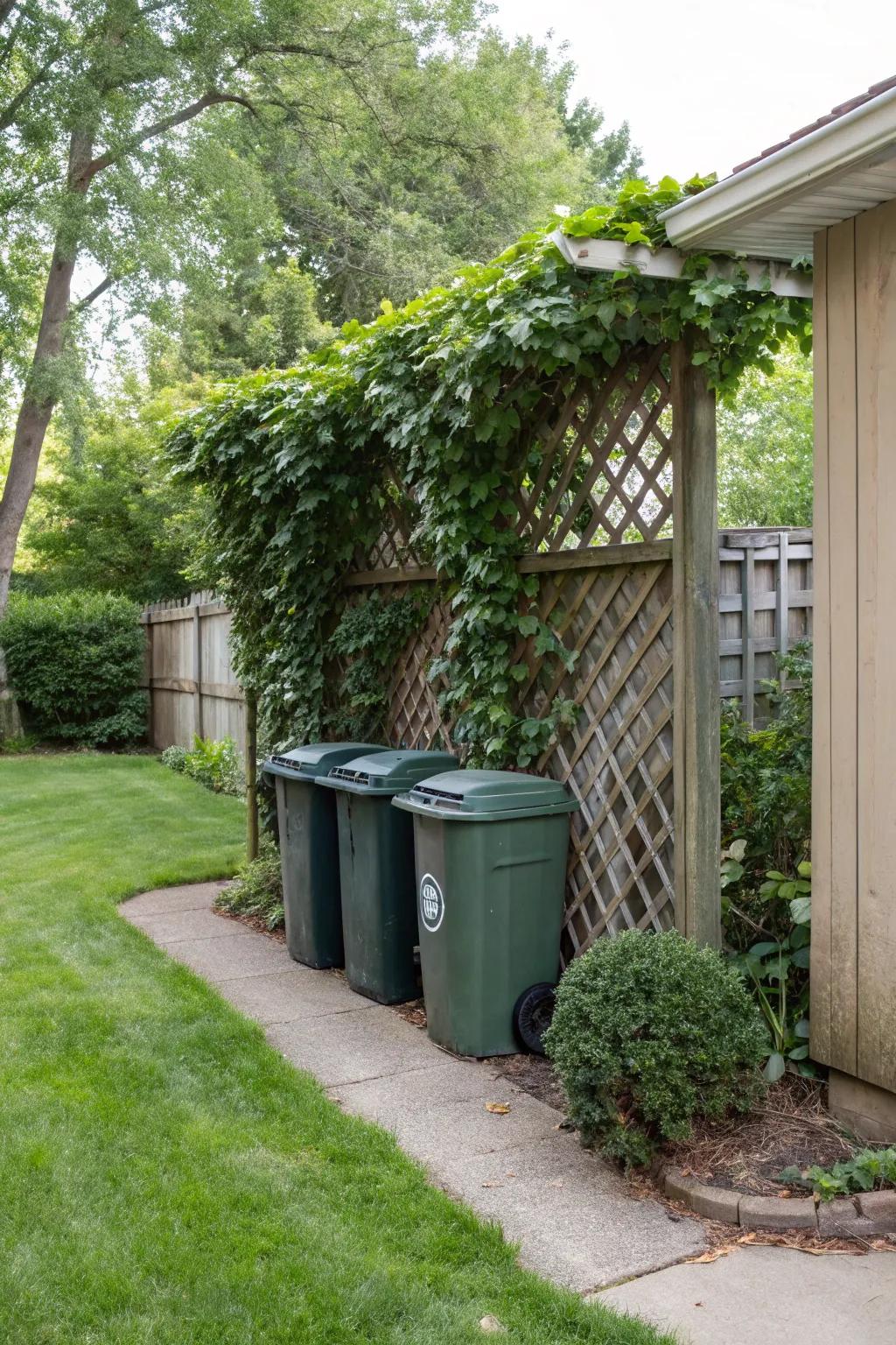 A DIY trellis with faux ivy offers an effortless way to conceal garbage bins.