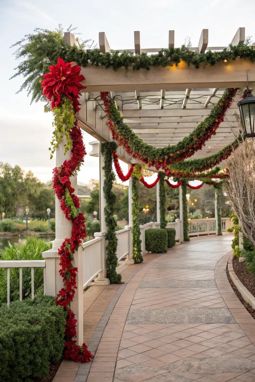 Garlands draped over a pergola create a festive retreat.