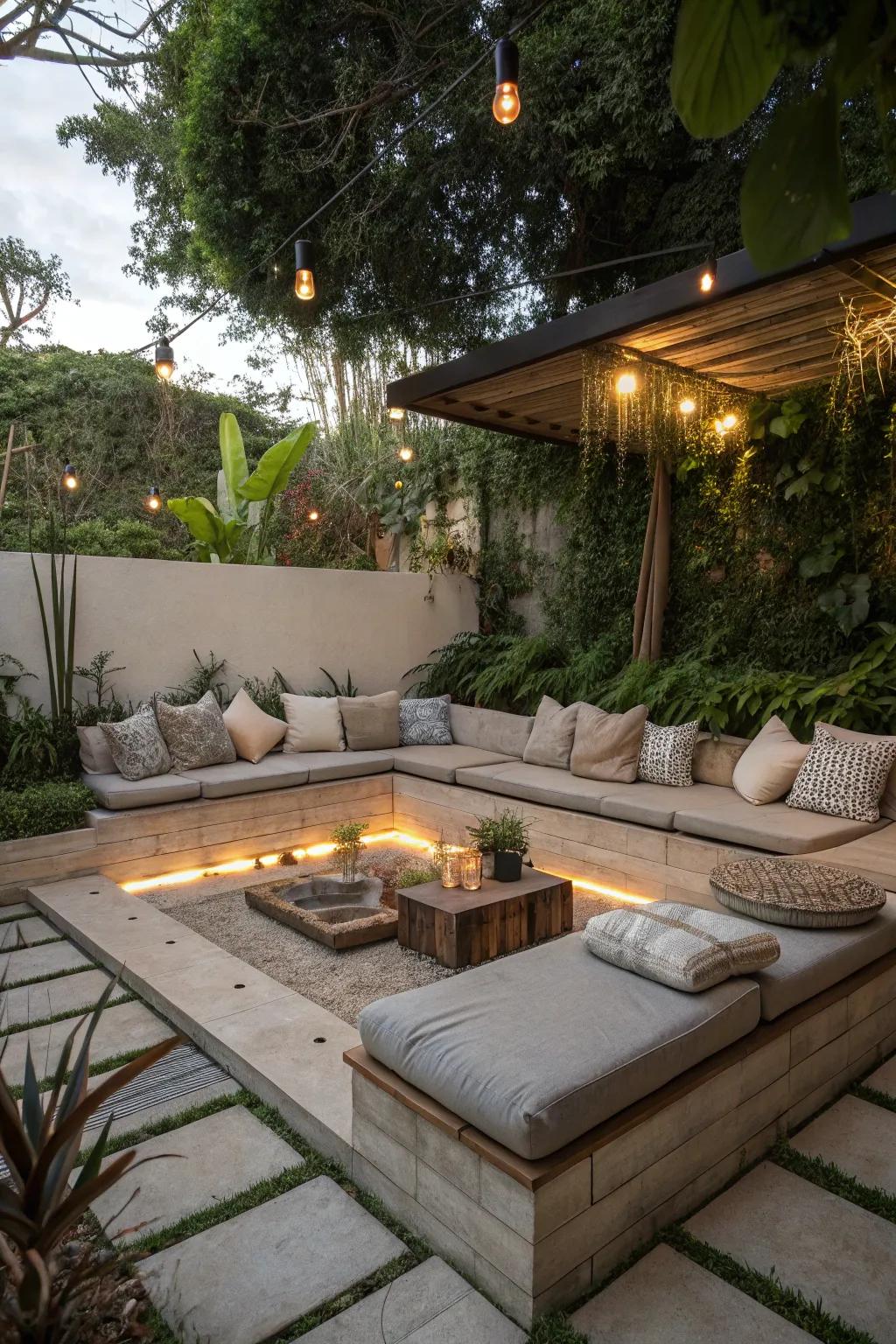 A sunken lounge offers a cozy, intimate setting for relaxation.