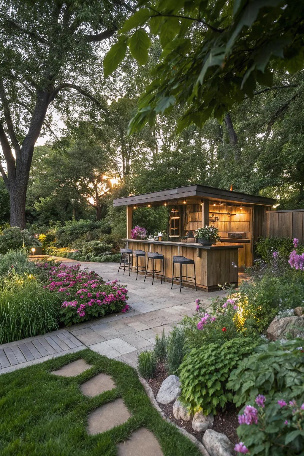 Outdoor hidden island bar, blending into the garden.
