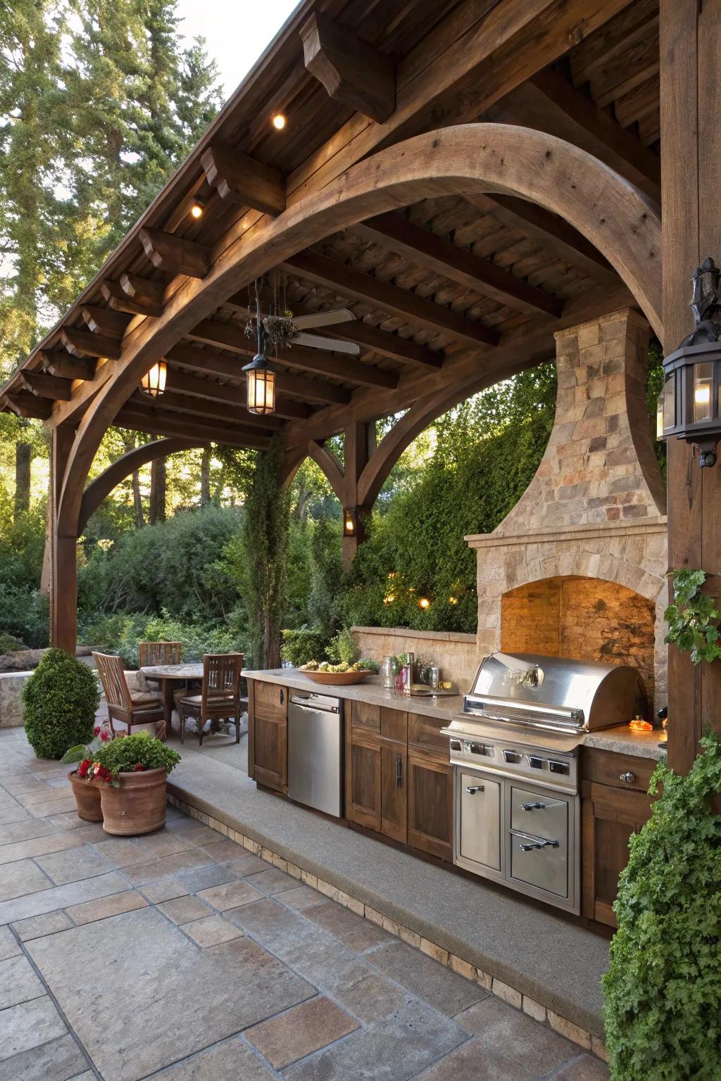 Arched wooden beams offer rustic charm and structure to this outdoor kitchen.