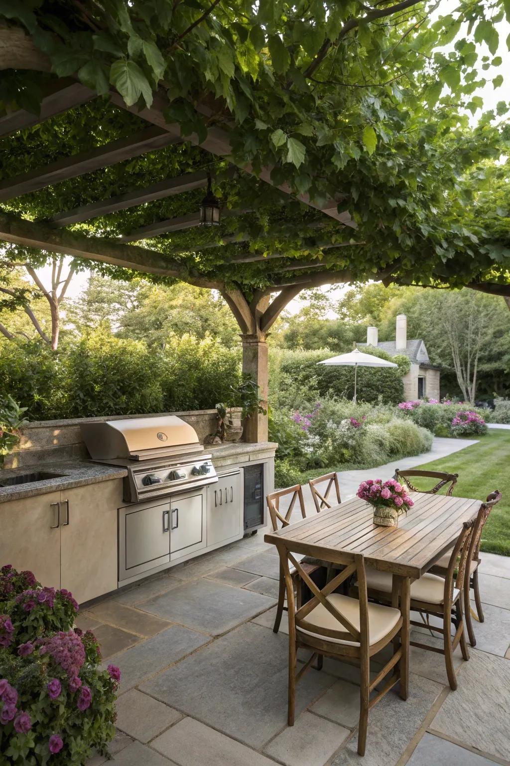 A living canopy of climbing plants adds natural beauty and shade to this outdoor kitchen.