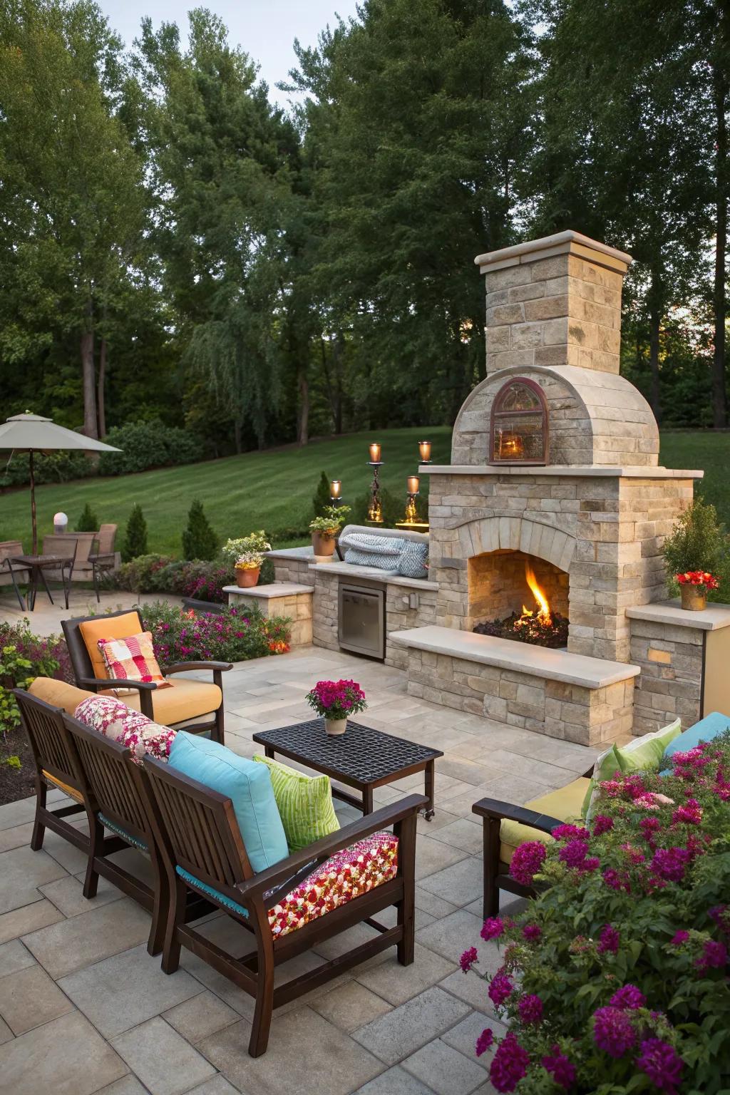 An outdoor kitchen fireplace with versatile seating arrangements to suit any gathering.