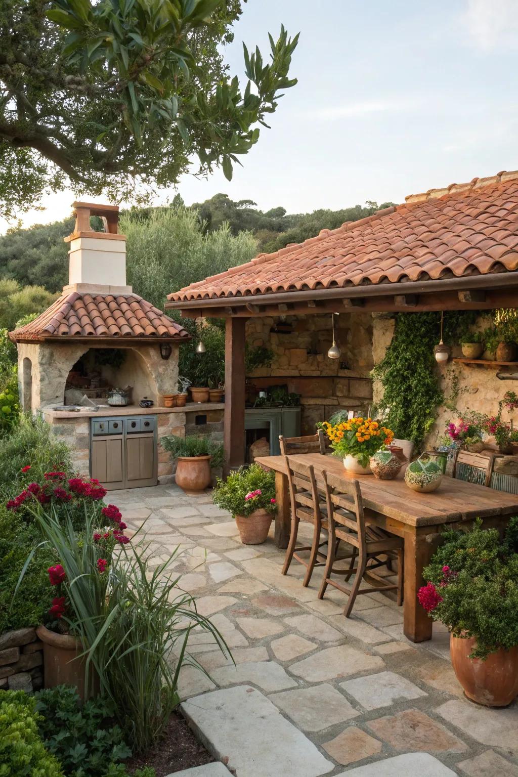 A terracotta tile roof brings Mediterranean warmth to an outdoor kitchen.